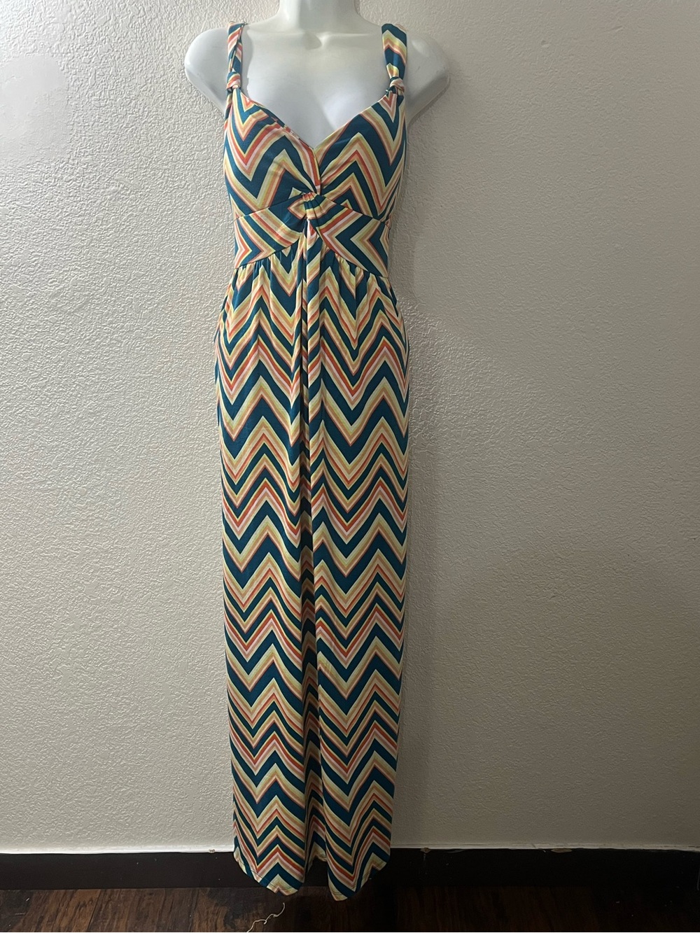 Allison Brittney Teal, Tan & Coral Chevron Maxi Dress
